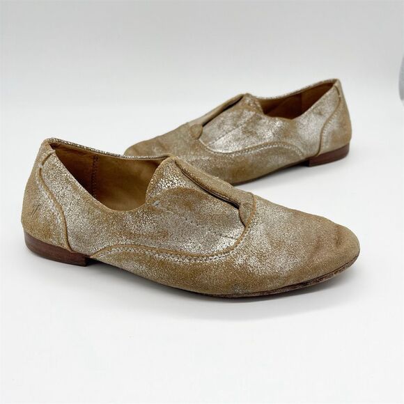 Frye Shoes - Frye Terri Gold Sparkly Slip-On Loafers Size 6 Leather Casual Flats Distressed